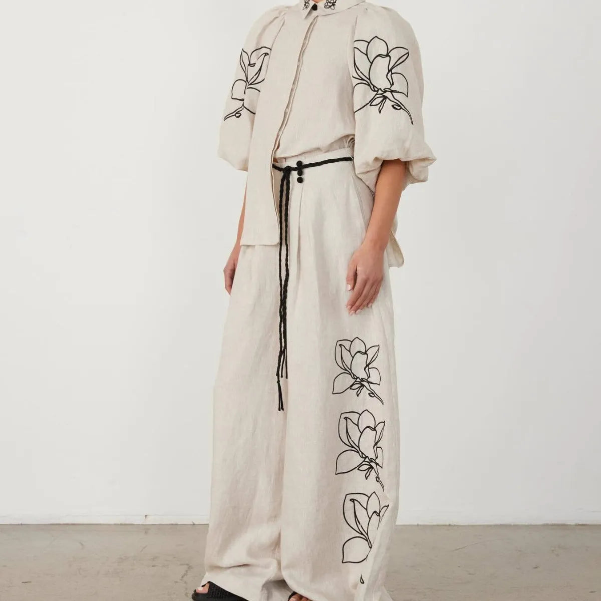 European And American Spring And Summer Fashion Cotton And Linen Printed Wide-leg Pants Suit - Bellarte Enchanté European And American Spring And Summer Fashion Cotton And Linen Printed Wide-leg Pants Suit